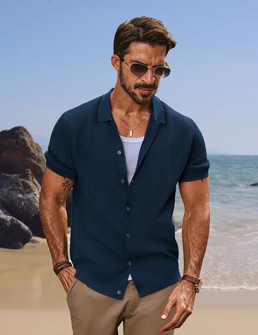 PJ PAUL JONES Men's Knit Shirts Short Sleeve Button Down Shirt Vintage Polo Shirt Casual Summer Beach Shirts in Saudi Arabia