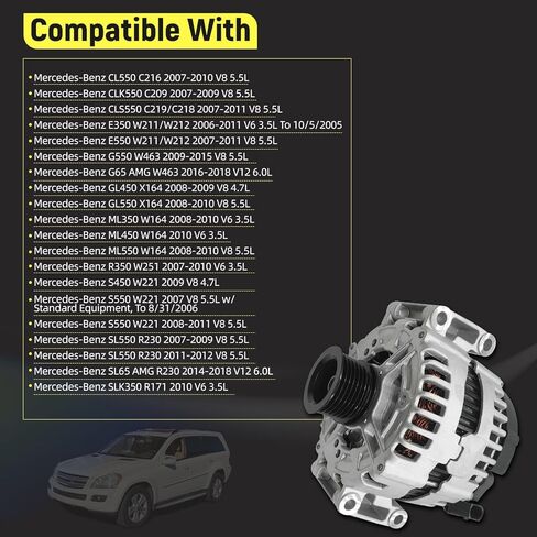 مولد كهربائي 12 فولت 180 أمبير متوافق مع Merce-des-Benz E350، E550، S450، S550، R350، SLK350، G550، G65 AMG، SL550، SL65 AMG، GL450، GL550، CL550، CLK550، CLS550، ML350، ML450 5.5L 3.5L 6.0L 4.7L in Kuwait
