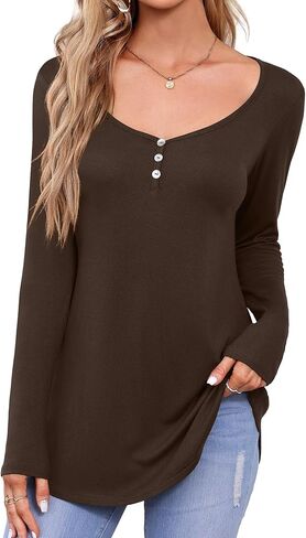 تي شيرت Amoretu نسائي طويل الأكمام بأزرار ورقبة دائرية وقمصان علوية كاجوال بحاشية منحنية in Kuwait