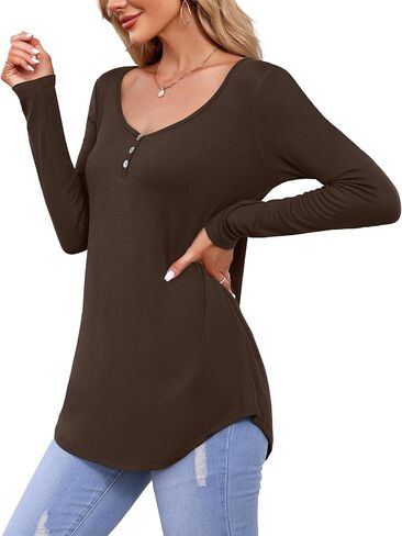 تي شيرت Amoretu نسائي طويل الأكمام بأزرار ورقبة دائرية وقمصان علوية كاجوال بحاشية منحنية in Kuwait