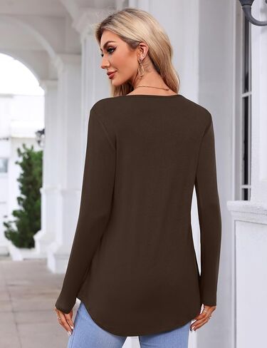 تي شيرت Amoretu نسائي طويل الأكمام بأزرار ورقبة دائرية وقمصان علوية كاجوال بحاشية منحنية in Kuwait