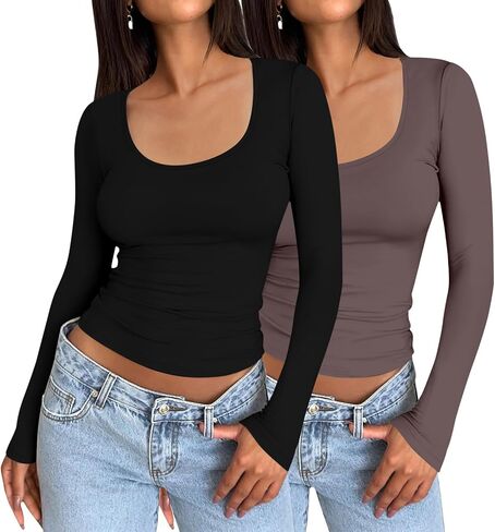 2 Pack Women's Long Sleeve Tops Scoop Neck Slim Fit T Shirt Tunic Tops Basic Shirts Tight Tee Fitted Shirt in Saudi Arabia