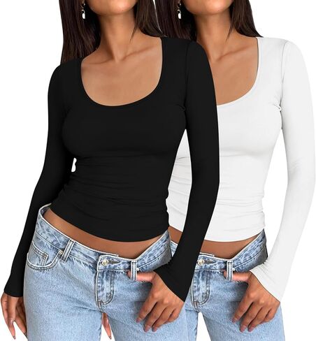 2 Pack Women's Long Sleeve Tops Scoop Neck Slim Fit T Shirt Tunic Tops Basic Shirts Tight Tee Fitted Shirt in Saudi Arabia