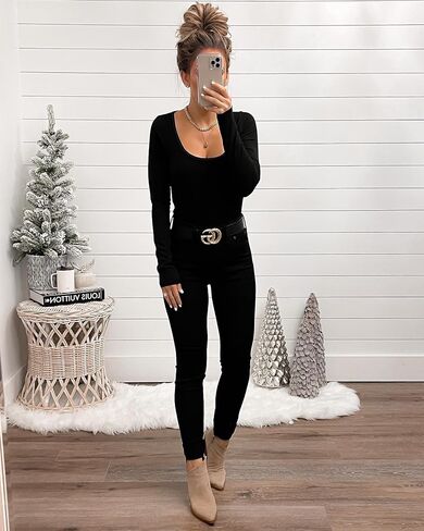 2 Pack Women's Long Sleeve Tops Scoop Neck Slim Fit T Shirt Tunic Tops Basic Shirts Tight Tee Fitted Shirt in Saudi Arabia