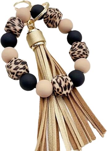 Silicone Beaded Keychain Bracelet Key Ring with Leather Tassel,Leopard Key Chain Holder Wristlet Bangle for Women in Saudi Arabia