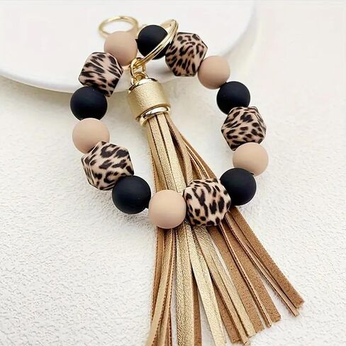 Silicone Beaded Keychain Bracelet Key Ring with Leather Tassel,Leopard Key Chain Holder Wristlet Bangle for Women in Saudi Arabia