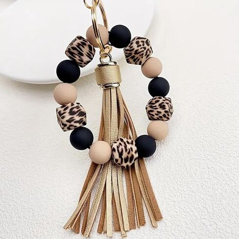 Silicone Beaded Keychain Bracelet Key Ring with Leather Tassel,Leopard Key Chain Holder Wristlet Bangle for Women in Saudi Arabia