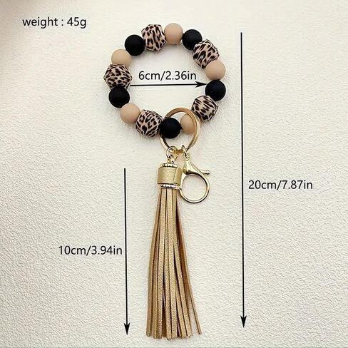 Silicone Beaded Keychain Bracelet Key Ring with Leather Tassel,Leopard Key Chain Holder Wristlet Bangle for Women in Saudi Arabia