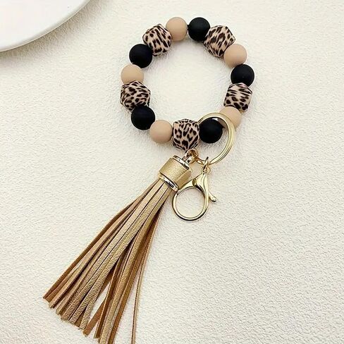 Silicone Beaded Keychain Bracelet Key Ring with Leather Tassel,Leopard Key Chain Holder Wristlet Bangle for Women in Saudi Arabia