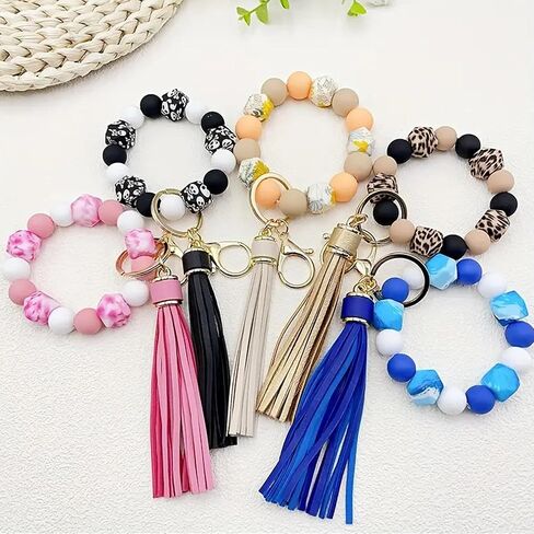 Silicone Beaded Keychain Bracelet Key Ring with Leather Tassel,Leopard Key Chain Holder Wristlet Bangle for Women in Saudi Arabia