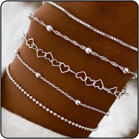 5Pcs Layered Heart Beaded Bracelets Set for Women, Charming Twisted Link Chain Bangles Round Beads Bracelets Stackable Hollow Heart Hand Jewelry in Saudi Arabia