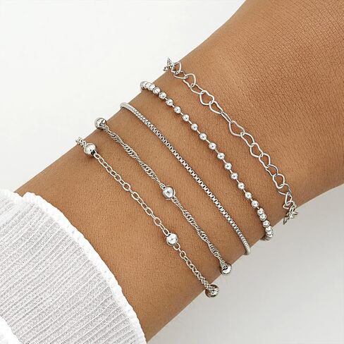 5Pcs Layered Heart Beaded Bracelets Set for Women, Charming Twisted Link Chain Bangles Round Beads Bracelets Stackable Hollow Heart Hand Jewelry in Saudi Arabia