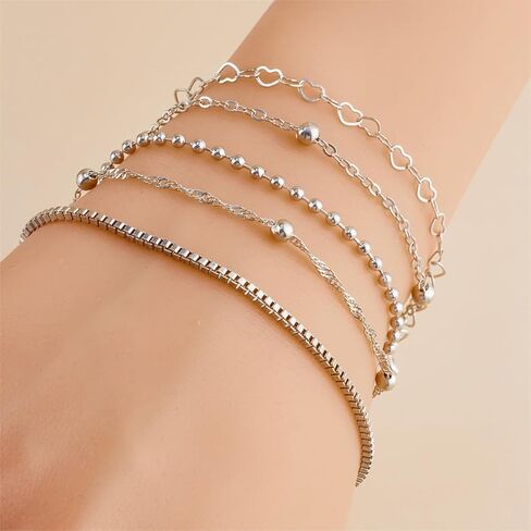 5Pcs Layered Heart Beaded Bracelets Set for Women, Charming Twisted Link Chain Bangles Round Beads Bracelets Stackable Hollow Heart Hand Jewelry in Saudi Arabia