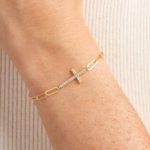 Amazon Essentials Cubic Zirconia Horizontal Cross Paperclip Chain Link Bracelet in Sterling Silver, 6.25" + 1.5" Extender (previously Amazon Collection) in Kuwait