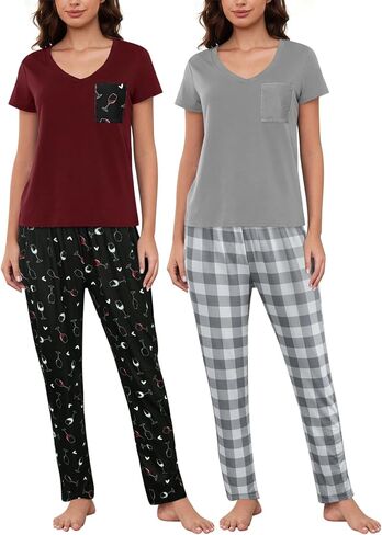 YIJIU 2 Pack Women's Pajama Sets Short Sleeve with Pocket Top and Long Pants Sleepwear Soft Printed Pjs Lounge Set in Kuwait