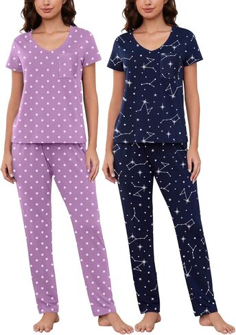 YIJIU 2 Pack Women's Pajama Sets Short Sleeve with Pocket Top and Long Pants Sleepwear Soft Printed Pjs Lounge Set in Kuwait