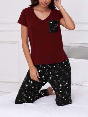 YIJIU 2 Pack Women's Pajama Sets Short Sleeve with Pocket Top and Long Pants Sleepwear Soft Printed Pjs Lounge Set in Kuwait
