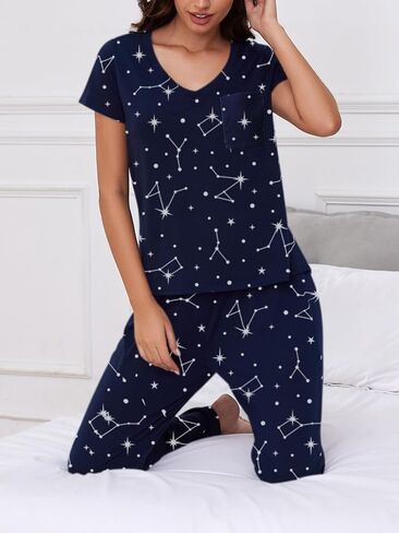 YIJIU 2 Pack Women's Pajama Sets Short Sleeve with Pocket Top and Long Pants Sleepwear Soft Printed Pjs Lounge Set in Kuwait