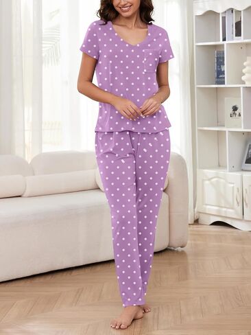 YIJIU 2 Pack Women's Pajama Sets Short Sleeve with Pocket Top and Long Pants Sleepwear Soft Printed Pjs Lounge Set in Kuwait