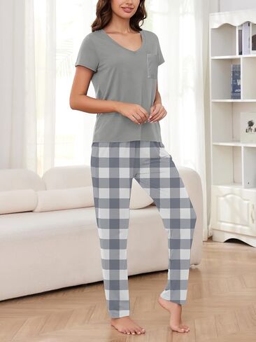 YIJIU 2 Pack Women's Pajama Sets Short Sleeve with Pocket Top and Long Pants Sleepwear Soft Printed Pjs Lounge Set in Kuwait
