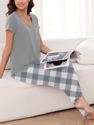 YIJIU 2 Pack Women's Pajama Sets Short Sleeve with Pocket Top and Long Pants Sleepwear Soft Printed Pjs Lounge Set in Kuwait