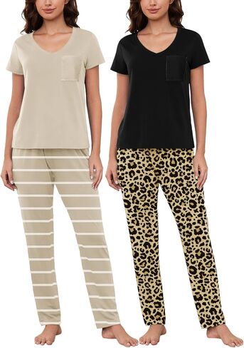 YIJIU 2 Pack Women's Pajama Sets Short Sleeve with Pocket Top and Long Pants Sleepwear Soft Printed Pjs Lounge Set in Kuwait