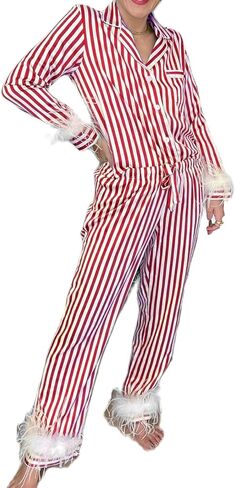 Women’s Christmas Luxury Satin Pajama Set Long Sleeve Stripe Bow Print Button Up Shirt Pants Coquettecore Loungewear in Kuwait