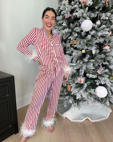 Women’s Christmas Luxury Satin Pajama Set Long Sleeve Stripe Bow Print Button Up Shirt Pants Coquettecore Loungewear in Kuwait