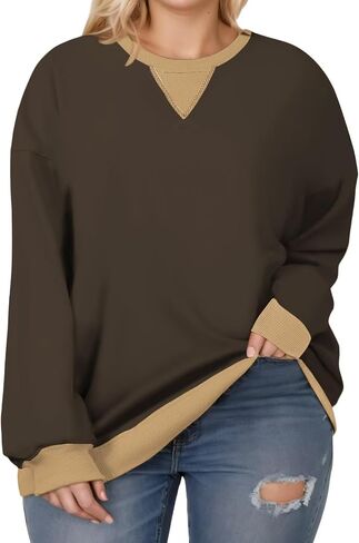 Womens-Plus-Size-Sweatshirts Casual Oversized Pullover Tops Crewneck Long Sleeve Color Block Tunic Outfits in Kuwait