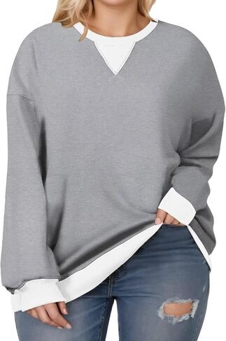 Womens-Plus-Size-Sweatshirts Casual Oversized Pullover Tops Crewneck Long Sleeve Color Block Tunic Outfits in Kuwait