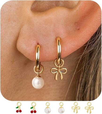 Gold Hoop Earrings and Charm Set for Women Trendy: 14K Gold Plated Small Huggie Hoop Earrings Interchangeable Dangle Charm Set Hypoallergenic Cute Earrings Jewelry Pearl CZ Boho Charms Set in Kuwait