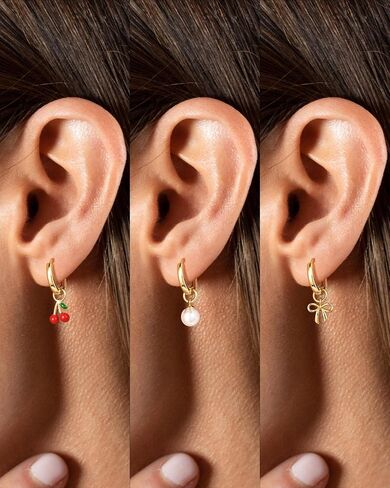 Gold Hoop Earrings and Charm Set for Women Trendy: 14K Gold Plated Small Huggie Hoop Earrings Interchangeable Dangle Charm Set Hypoallergenic Cute Earrings Jewelry Pearl CZ Boho Charms Set in Kuwait
