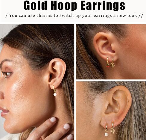 Gold Hoop Earrings and Charm Set for Women Trendy: 14K Gold Plated Small Huggie Hoop Earrings Interchangeable Dangle Charm Set Hypoallergenic Cute Earrings Jewelry Pearl CZ Boho Charms Set in Kuwait