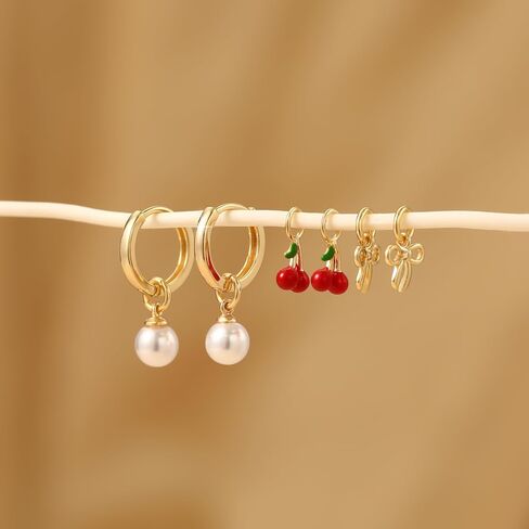 Gold Hoop Earrings and Charm Set for Women Trendy: 14K Gold Plated Small Huggie Hoop Earrings Interchangeable Dangle Charm Set Hypoallergenic Cute Earrings Jewelry Pearl CZ Boho Charms Set in Kuwait