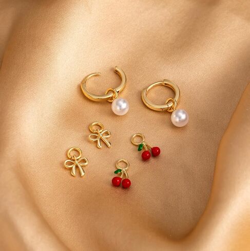 Gold Hoop Earrings and Charm Set for Women Trendy: 14K Gold Plated Small Huggie Hoop Earrings Interchangeable Dangle Charm Set Hypoallergenic Cute Earrings Jewelry Pearl CZ Boho Charms Set in Kuwait