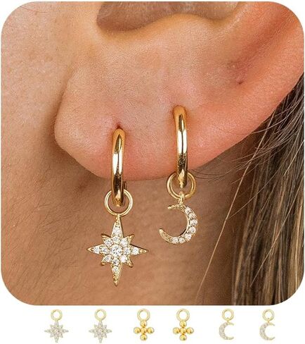 Gold Hoop Earrings and Charm Set for Women Trendy: 14K Gold Plated Small Huggie Hoop Earrings Interchangeable Dangle Charm Set Hypoallergenic Cute Earrings Jewelry Pearl CZ Boho Charms Set in Kuwait