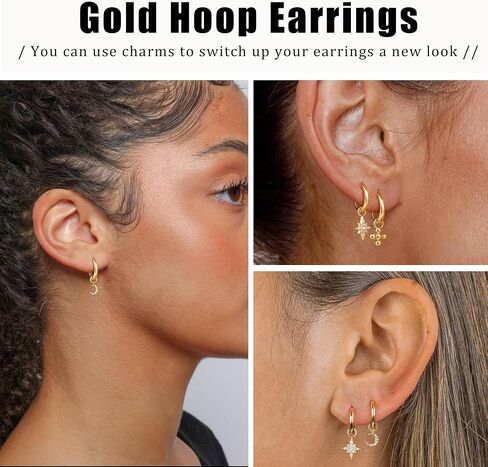 Gold Hoop Earrings and Charm Set for Women Trendy: 14K Gold Plated Small Huggie Hoop Earrings Interchangeable Dangle Charm Set Hypoallergenic Cute Earrings Jewelry Pearl CZ Boho Charms Set in Kuwait