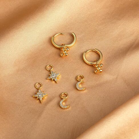 Gold Hoop Earrings and Charm Set for Women Trendy: 14K Gold Plated Small Huggie Hoop Earrings Interchangeable Dangle Charm Set Hypoallergenic Cute Earrings Jewelry Pearl CZ Boho Charms Set in Kuwait