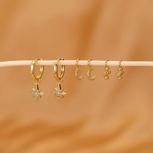 Gold Hoop Earrings and Charm Set for Women Trendy: 14K Gold Plated Small Huggie Hoop Earrings Interchangeable Dangle Charm Set Hypoallergenic Cute Earrings Jewelry Pearl CZ Boho Charms Set in Kuwait