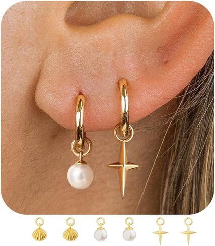 Gold Hoop Earrings and Charm Set for Women Trendy: 14K Gold Plated Small Huggie Hoop Earrings Interchangeable Dangle Charm Set Hypoallergenic Cute Earrings Jewelry Pearl CZ Boho Charms Set in Kuwait