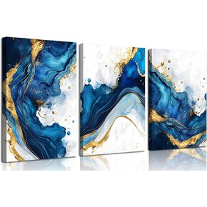 3Pcs Blue Gold Abstract Canvas Wall Art Modern White Blue Gold Foil Wall Decor Pictures Navy Blue and Gold Luxury Marble Posters Prints for Living Room Bedroom Home Decoration 12x16in