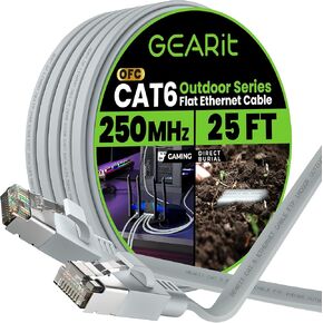 كابل إيثرنت مسطح خارجي من GearIT Cat 6 (200 قدم، أسود) سترة LLDPE مُصنفة للدفن المباشر - داخلي Cat6 محمي FTP بسرعة 10 جيجابت في الثانية شبكة كمبيوتر ألعاب عالية السرعة RJ45 سلك توصيل بدون تشابك للإنترنت