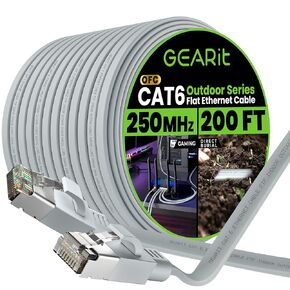 GearIT Cat 6 Outdoor Flat Ethernet Cable (200ft, Black) Direct Burial Rated LLDPE Jacket - Indoor Cat6 Shielded FTP 10Gbps High Speed Gaming Computer Network RJ45 Snagless Patch Cord Internet