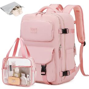MOONBABY Travel Backpack Carry on Flight Approved for Women Fits 17 inch Laptop Large College Bookbag Personal Item Travel Bag with Makeup Bag and Shoe Bag, Beige