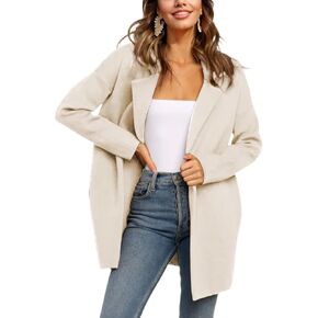 Womens Pea Coat Wool Open Front Solid Color Notch Lapel Mid Long Trench Blazer Overcoat