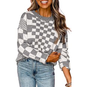 MARZXIN Women's 2025 Fall Casual Long Sleeve Sweaters Checkered Print Drop Crewneck Pullover Tops
