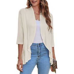 Zeagoo Women's Open Front Cardigan 3/4 Sleeve Draped Ruffles Soft Knit Sweaters S-3XL