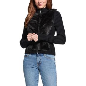 GUESS Women's Long Sleeve Fur Mix Zip Front Mila Cardigan