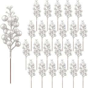 Fangoo 24 Pack Glitter Blue Stems,Artificial Glitter Blue Berry Picks Holly Berries Branches Christmas Berry Stem Picks for Christmas Tree Wedding Holiday Season Winter Home Decoration(19 CM)