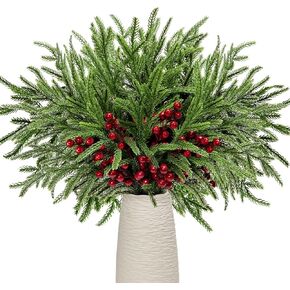 Norfolk Pine Branches Red Berry Stems 17" Artificial Christmas Greenery Picks Fake Pine Needles with Holly Berries for Xmas Tree Filler Decorations Festival Holiday Vase DIY Garland Craft (8, Snow)